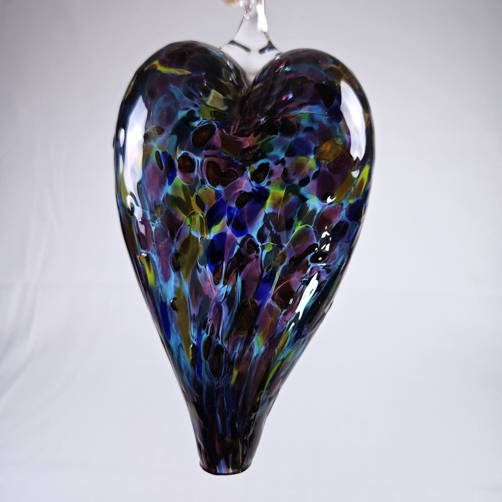 Hand Blown Art Glass Christmas Ornament Sun Catcher Frit Mosaic Heart Angel Wing